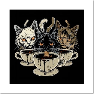 Witchy Evil Cat Familiars Drinking Coffee Posters and Art